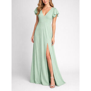 Birdy Grey Hannah Maxi Dress Womens XL Sage Crepe Flutter Sleeve Slit Bridesmaid